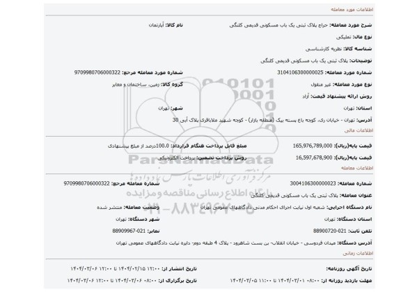 مزایده، پلاک ثبتی یک باب مسکونی قدیمی کلنگی