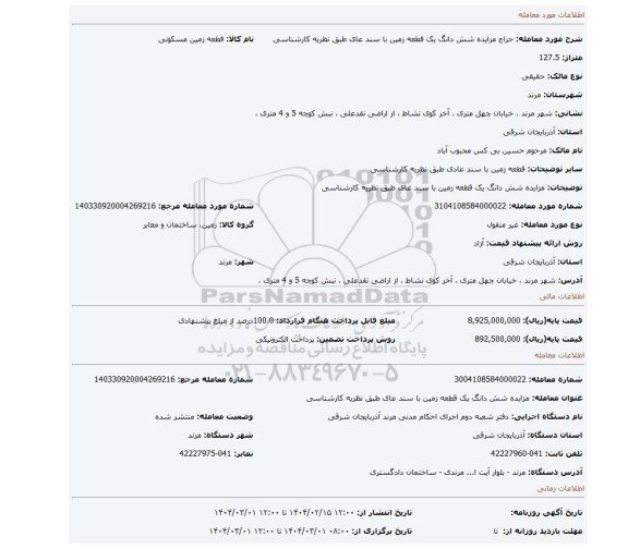 مزایده، مزایده شش دانگ یک قطعه زمین با سند عای طبق نظریه کارشناسی