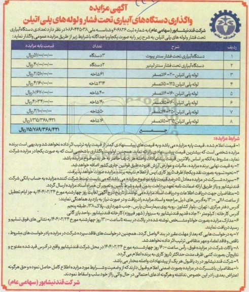 مزایده تعدادی دستگاه آبیاری تحت فشار و لوله های پلی اتیلن