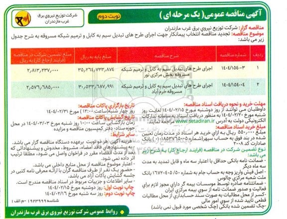مناقصه اجرای طرح های تبدیل سیم به کابل و ترمیم شبکه مسروقه .... - نوبت دوم