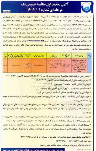 تجدید اول مناقصه اصلاح شبکه توزیع ، حفاظت و نگهداری از تاسیسات و تجهیزات آب شرب ...- نوبت دوم