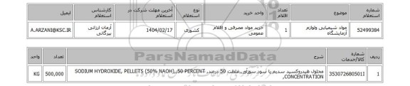 استعلام مواد شیمیایی ولوازم آزمایشگاه