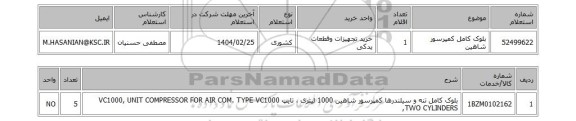 استعلام بلوک کامل کمپرسور شاهین
