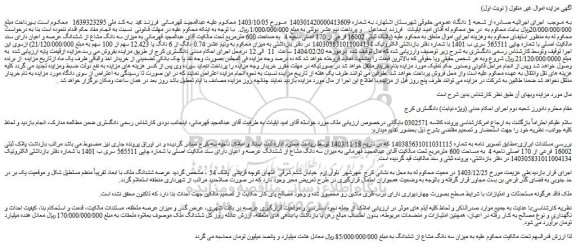 مزایده میزان سه دانگ مشاع از ششدانگ عرصه و اعیان دارای سند مالکیت اصلی