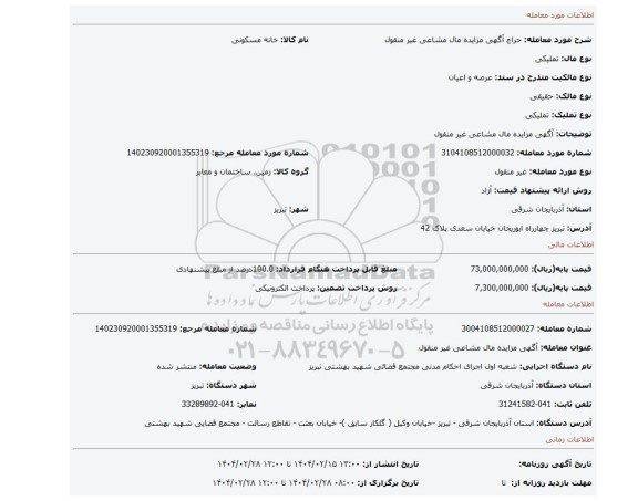 مزایده، آگهی مزایده مال مشاعی غیر منقول