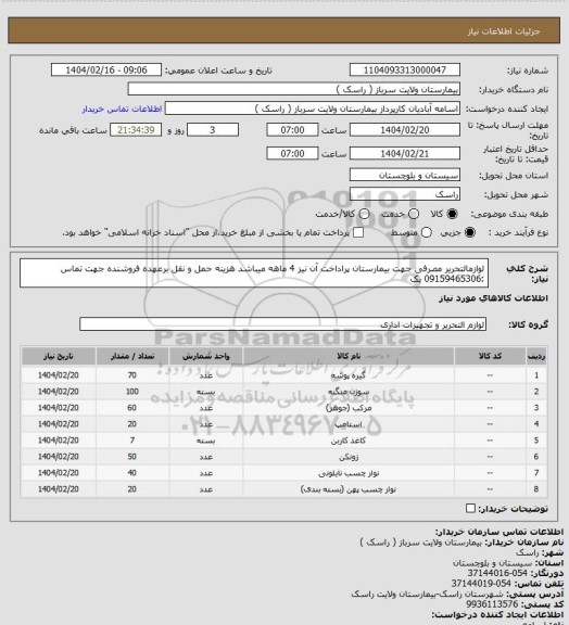استعلام لوازمالتحریر مصرفی جهت بیمارستان پراداخت آن نیز 4 ماهه میباشد هزینه حمل و نقل برعهده فروشنده جهت تماس :09159465306 بک