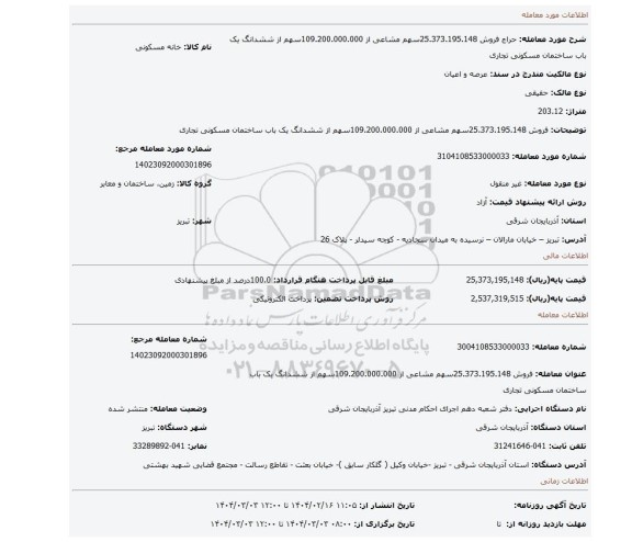 مزایده، فروش 25.373.195.148سهم مشاعی از 109.200.000.000سهم از ششدانگ یک باب ساختمان مسکونی تجاری