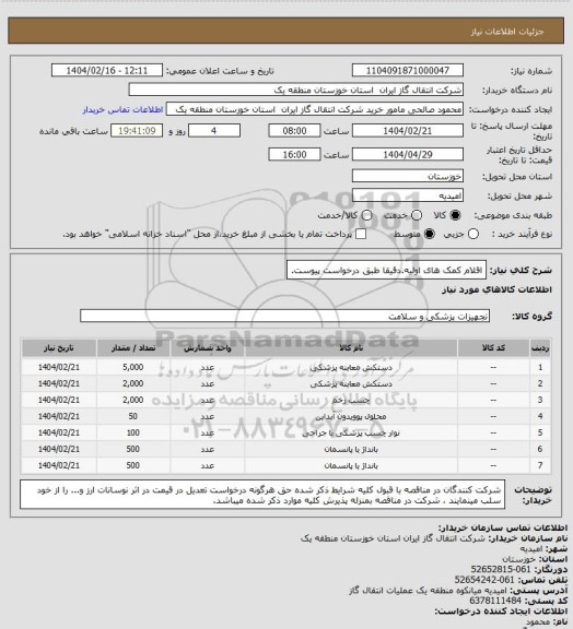 استعلام اقلام کمک های اولیه.دقیقا طبق درخواست پیوست.