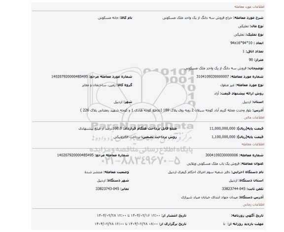 مزایده، فروش سه دانگ از یک واحد ملک مسکونی