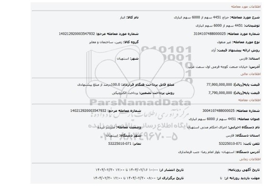 مزایده، 4451 سهم از 6000 سهم انباری