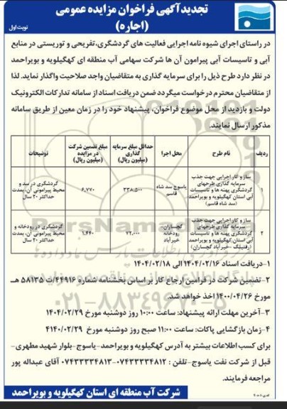 تجدید فراخوان مزایده ساز و کار اجرایی جهت جذب سرمایه گذاری طرحهای گردشگری پهنه ها و تاسیسات آبی استان ............