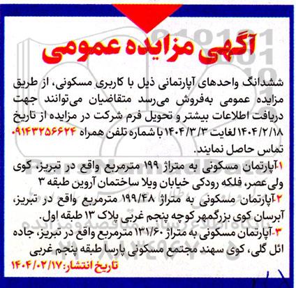 مزایده فروش ششدانگ واحدهای آپارتمانی