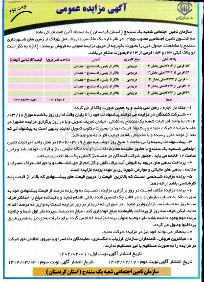 مزایده یک ملک مزروعی شامل 5 پلاک از زمین - نوبت دوم
