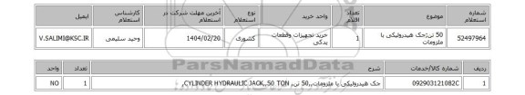 استعلام 50 تن;جک هیدرولیکی با ملزومات