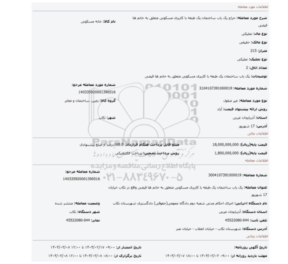 مزایده، یک باب ساختمان یک طبقه با کاربری مسکونی  متعلق به خانم ها فیضی