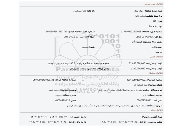 مزایده، ملک