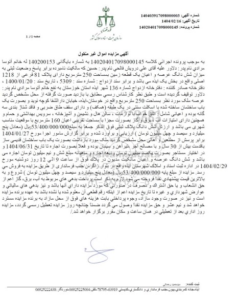 مزایده ششدانگ  پلاک ثبتی 81 فرعی از 1218 اصلی 