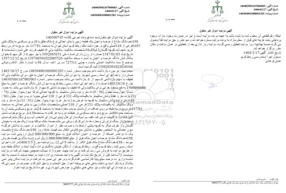 مزایده یک قطعه زمین با کاربری مسکونی به پلاک ثبتی 1695 فرعی از 110 اصلی