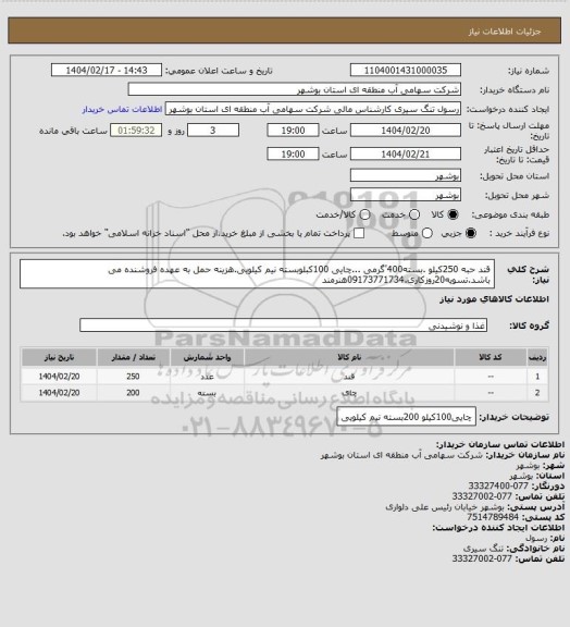 استعلام قند حبه 250کیلو .بسته400'گرمی ...چایی 100کبلوبسته نیم کیلویی.هزینه حمل به عهده فروشنده می باشد.تسویه20روزکاری.09173771734هنرمند