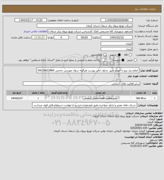 استعلام اعلام نیاز نیرو با خودرو طبق جداول انالیز پیوست هرگونه سوال مهندس خادمی 09136622960
