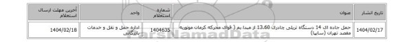 حمل  جاده ای 14 دستگاه تریلی چادری 13.60  از مبدا بم ( قوای محرکه کرمان موتوربه مقصد تهران (سایپا)