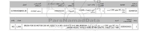 استعلام زغال DC موتور 200 اسب بخار