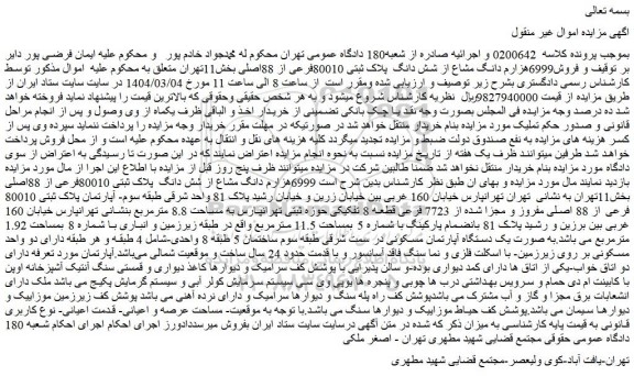 مزایده  فروش6999هزارم دانگ مشاع از شش دانگ  پلاک ثبتی 80010فرعی از 88اصلی