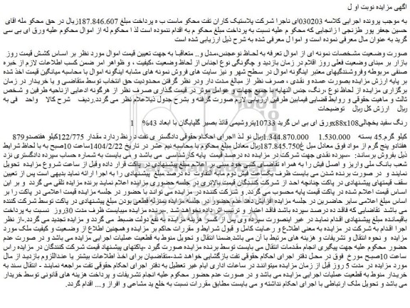 مزایده 1. ورق ای بی اس گرید 10733پتروشیمی قائذ بصیر گلپایگان با ابعاد 43%x88x108رنگ سفید یخچالی