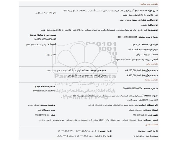 مزایده، آگهی فروش مال غیرمنقول مشاعی- ششدانگ یکباب ساختمان مسکونی به پلاک ثبتی 22فرعی از 3539اصلی بخش 2تبریز