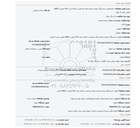 مزایده، فروش ششدانگ عرصه و اعیان ملک مشاعی به پلاک ثبتی 514 فرعی از 3993 اصلی بخش 3 تهران