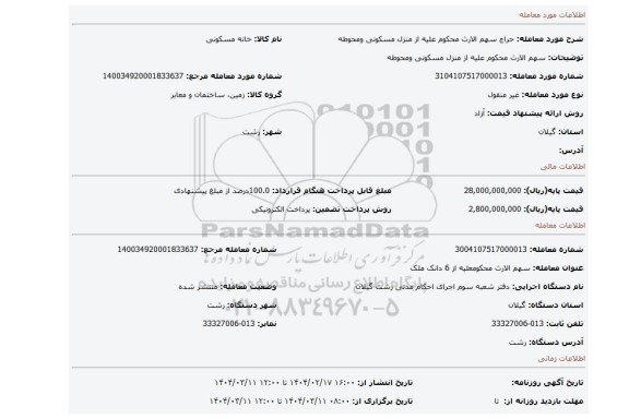 مزایده، سهم الارث محکوم علیه از منزل مسکونی ومحوطه