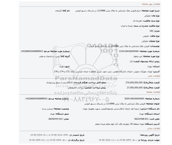 مزایده، فروش ملک مشاعی به پلاک ثبتی 1/10996 در راستای دستور فروش