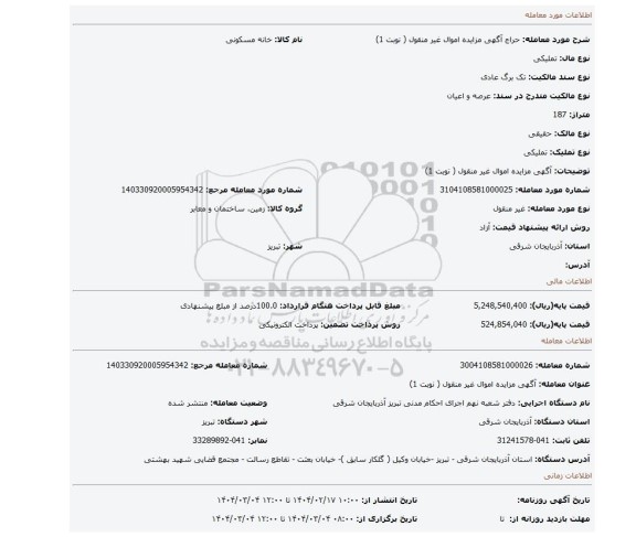 مزایده، آگهی مزایده اموال غیر منقول ( نوبت 1)