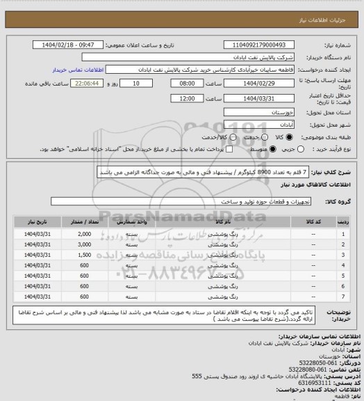 استعلام 7 قلم به تعداد 8900 کیلوگرم / پیشنهاد فنی و مالی به صورت جداگانه الزامی می باشد