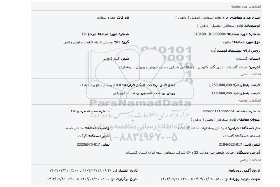 مزایده، لوازم اسقاطی اتومبیل ( داغی )