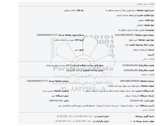 مزایده، فروش ملک به میزان محکوم به