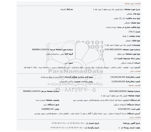 مزایده، فروش مال غیر منقول ( نوبت اول )