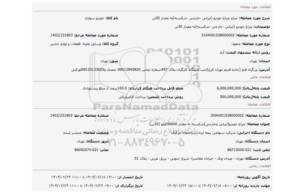 مزایده، چراغ خودرو (ایرانی -خارجی -شکسته)به مقدار 30تن