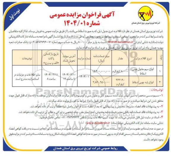 مزایده انواع سیم مفتول مسی اسقاط ...