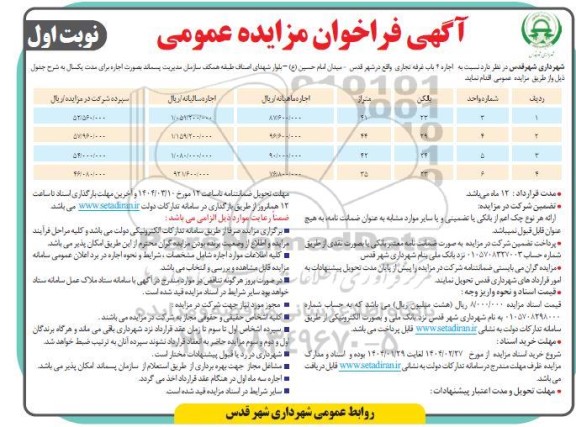 فراخوان مزایده اجاره 4 باب غرفه تجاری