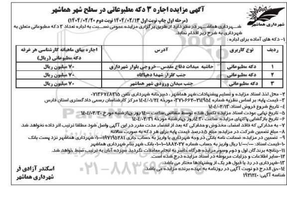 مزایده اجاره تعداد 3 دکه مطبوعاتی نوبت دوم