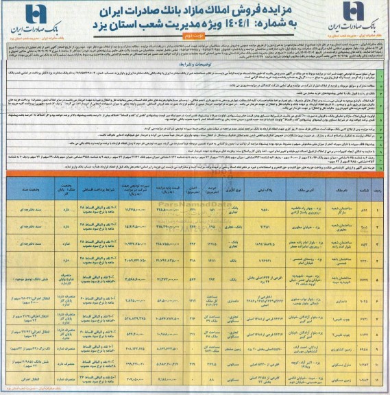 مزایده فروش 11 ملک با کاربری بانک و تجاری ، دامداری ، مسکونی / نوبت دوم