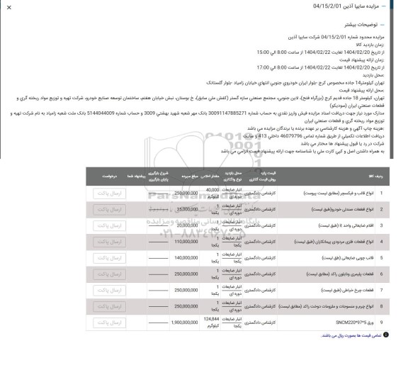 مزایده انواع قالب و فیکسچر ...