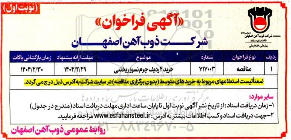 فراخوان خرید 4 ردیف جرم نسوز ریختنی 