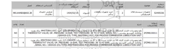استعلام تجهیزات سیستم های هیدرولیکی