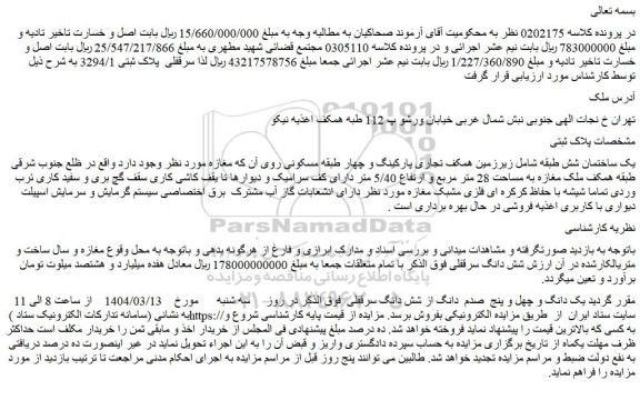 مزایده یک دانگ و چهل و پنج صدم دانگ از شش دانگ سرقفلی