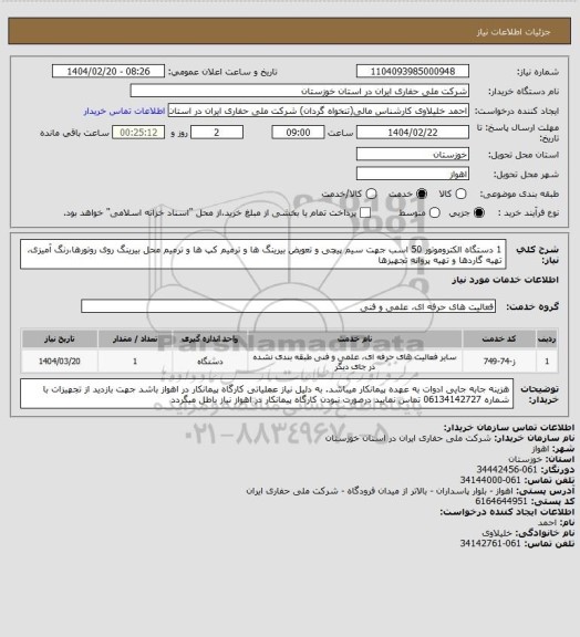 استعلام 1 دستگاه الکتروموتور 50 اسب جهت سیم پیچی و تعویض بیرینگ ها و ترمیم کپ ها و ترمیم محل بیرینگ روی روتورها،رنگ آمیزی، تهیه گاردها و تهیه پروانه تجهیزها