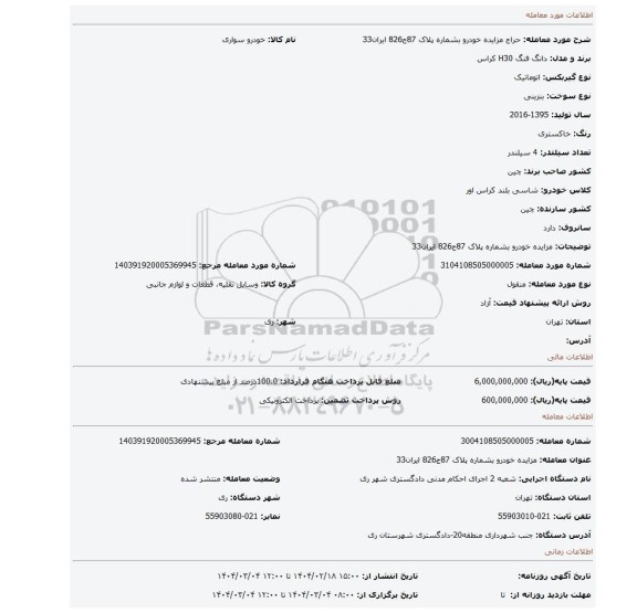 مزایده، مزایده خودرو بشماره پلاک 87ج826 ایران33