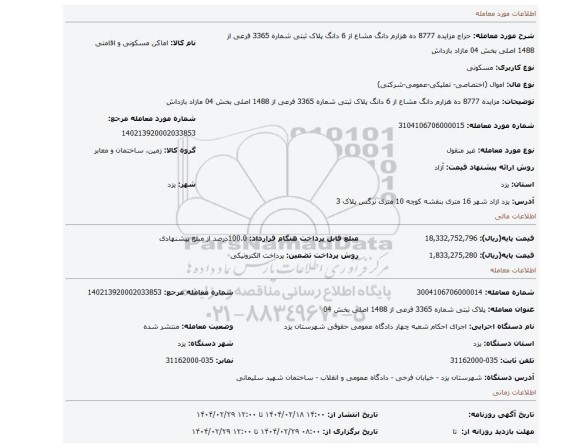 مزایده، مزایده 8777 ده هزارم دانگ مشاع از 6 دانگ پلاک ثبتی شماره 3365 فرعی از 1488 اصلی بخش 04  مازاد بازداش