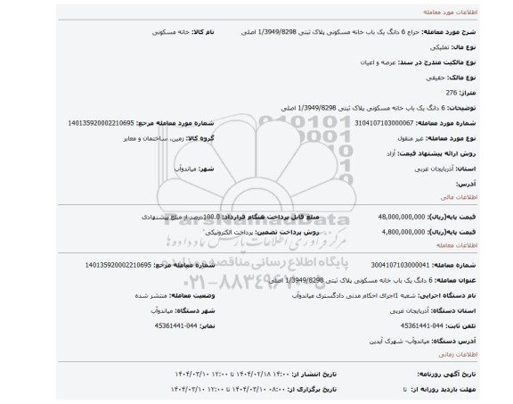 مزایده، 6 دانگ یک باب خانه مسکونی پلاک ثبتی 1/3949/8298 اصلی